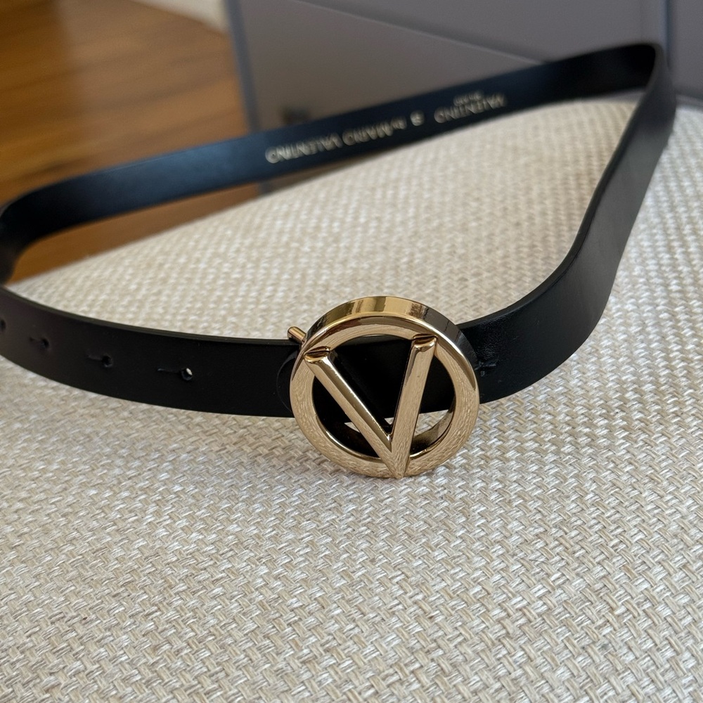 Valentino By Mario Valentino Black Belt with Gold V Buckle